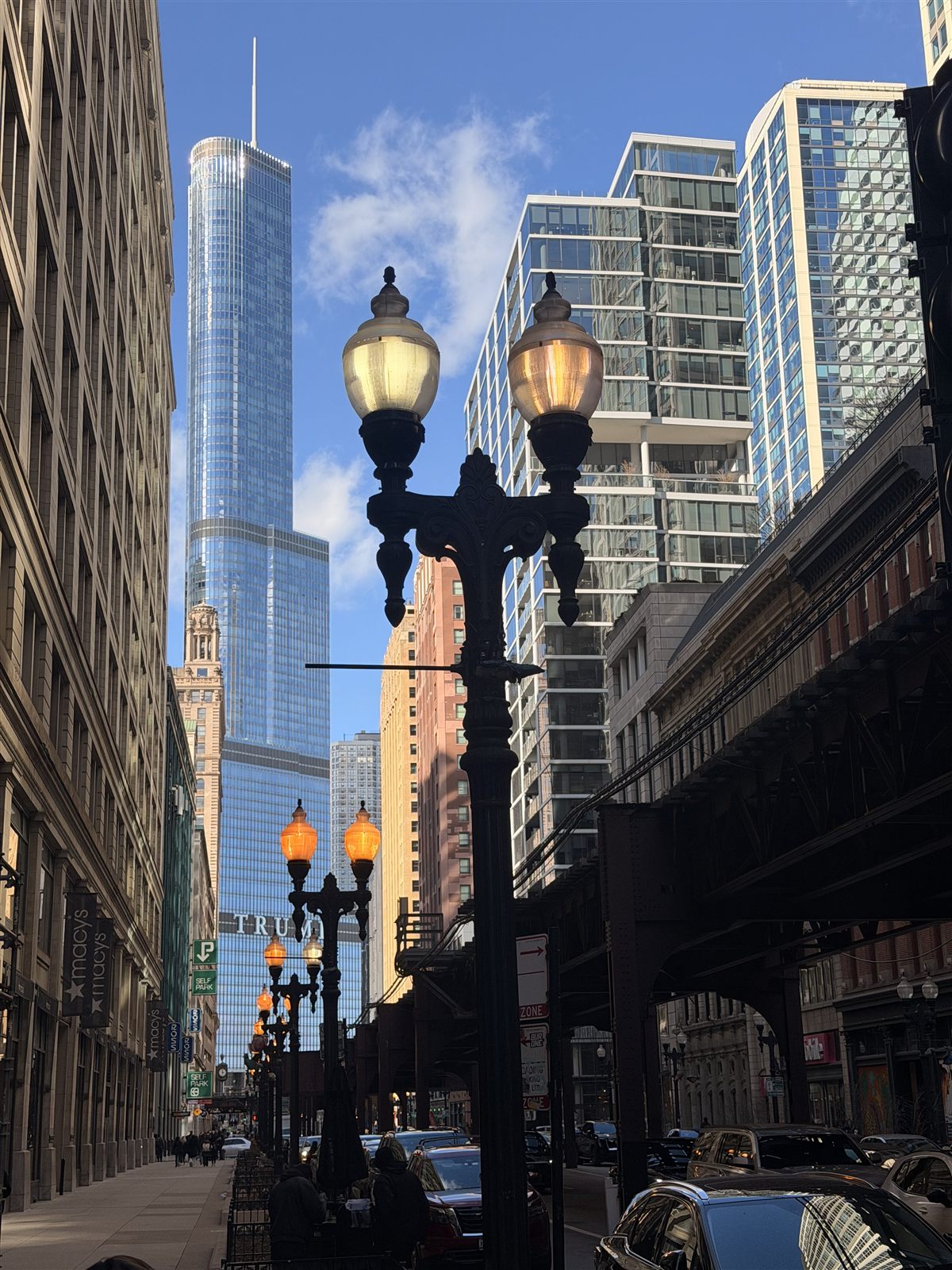 Chicago street with vintage lamps and towers