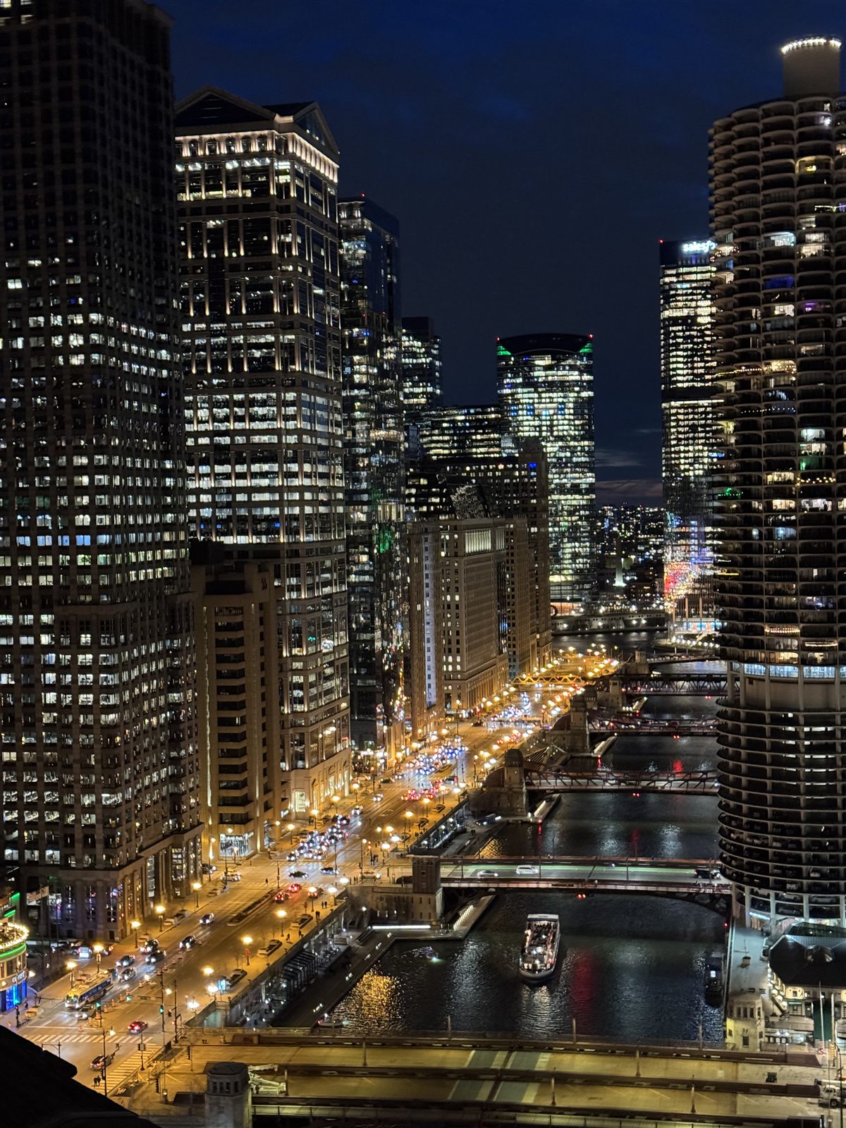 Chicago skyline and river at night from above